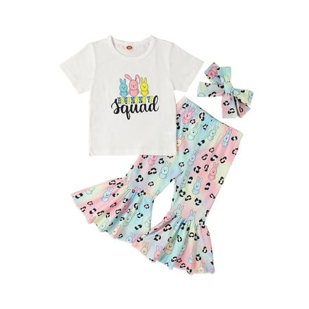 

Easter Kids Girls 3Pcs Clothes Set Letter Rabbit Print Short Sleeve T-Shirts Bunny Print Flare Pants Headband