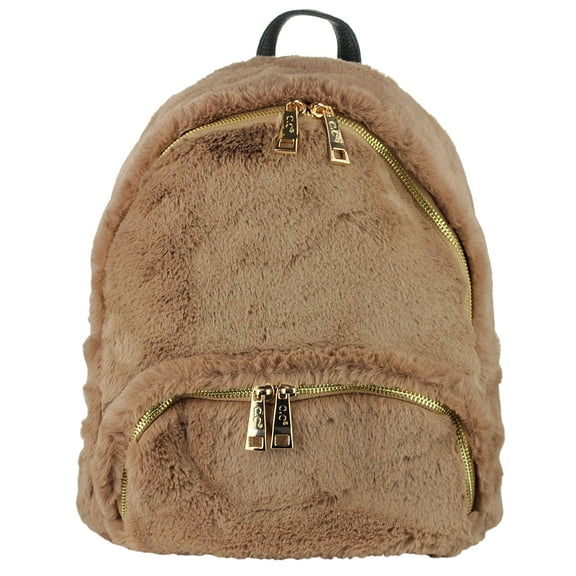 C.C Women's Faux Fur Fuzzy Backpack Schoolbag Shoulder Bag Purse, Taupe