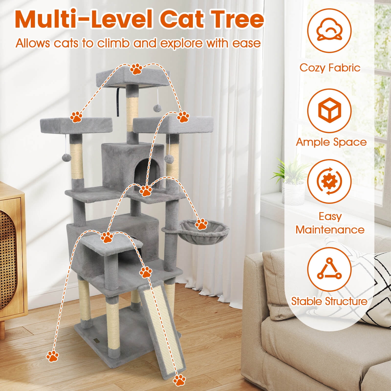 Costway 65” Tall Multi-level Cat Tree with 3 Upholstered Top Perch 2 Cat Condos Cat Basket Light Gray