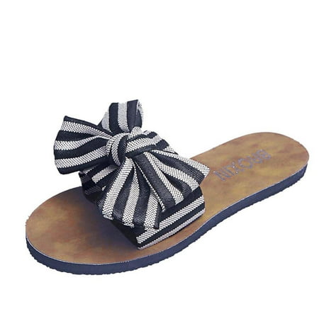 

Cptfadh Slippers For Women Shoes Women s Fashion Casual Cloth Stripe Bowknot Large Size Flat Beach Slippers