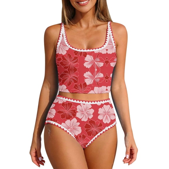 Guluxicc Women's Floral Printed Bikini Sets High Waisted Contrast Trim Round Neck Crop Top Bathing Suits Tankini Swimsuits Sets for Beach Summer Swimwear