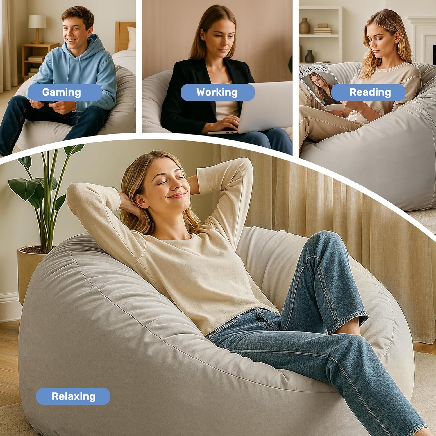 QUIOCOZY 4 Feet Bean Bag Chair - Foam Filled with Soft Removable Cover, Comfy Furniture for Adults & Kids (Living Room, Bedroom, Dorm)
