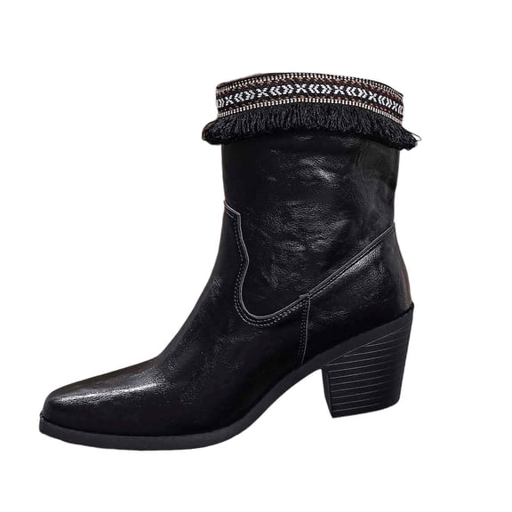 Wovix Women's Western Cowgirl Ankle Boots Stacked Block Heel Cowboy Booties with Fringe Steel Toe Heeled Short Cowboy Side Zip Boots Black 37