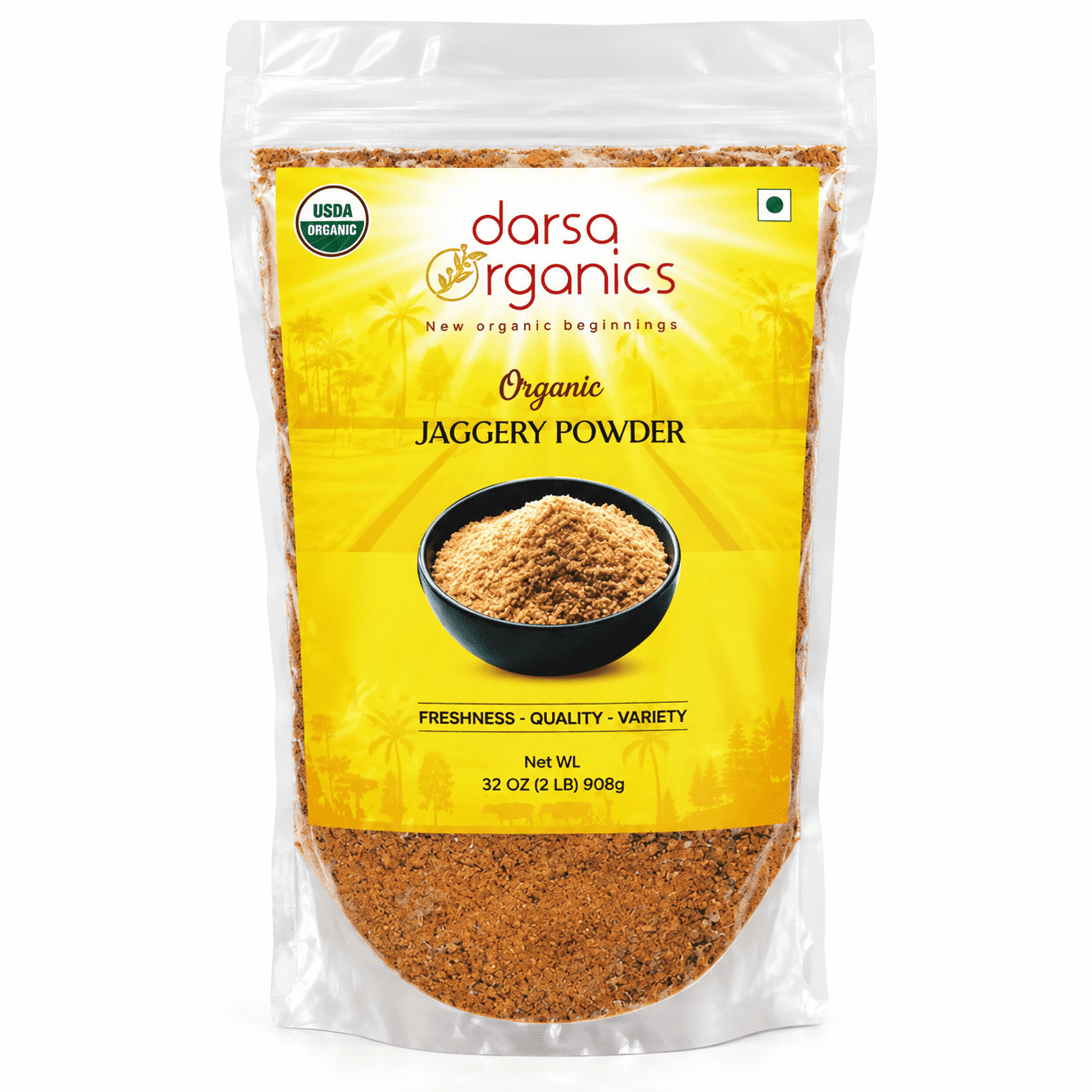 Darsa Organics Natural Unrefined Jaggery Powder 32 oz Resealable Pouch Non-GMO Gluten-Free USDA Certified
