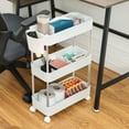 thumbnail image 5 of VECELO 3-Tier Rolling Utility Cart with Lockable Caster Wheels, Extra Hanging Cups and Hooks, Storage Shelves Organizer Cart for Living Room Bathroom Kitchen Office, White, 5 of 10