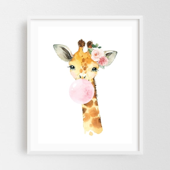 Giraffe, Jungle Animals, Safari Animals, Bubble Gum, Pink Flowers, Girl Nursery - Illustration Animal Watercolor Whimsical Floral Humor White Framed Wall Art Print 16 x 20 inches