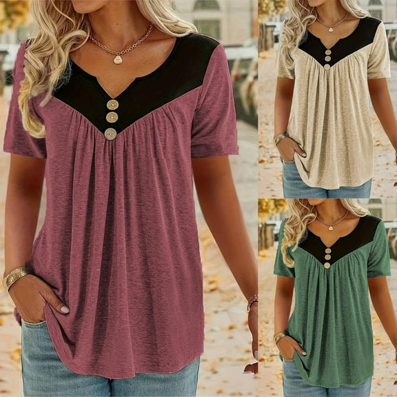 Hot days, bold styles Olyvenn Summer Casual Color Block Swing Pleated T-Shirts Tunics for Women Workout Short Sleeve Hide Belly Ladies Flowy Tops Army Green XXXL