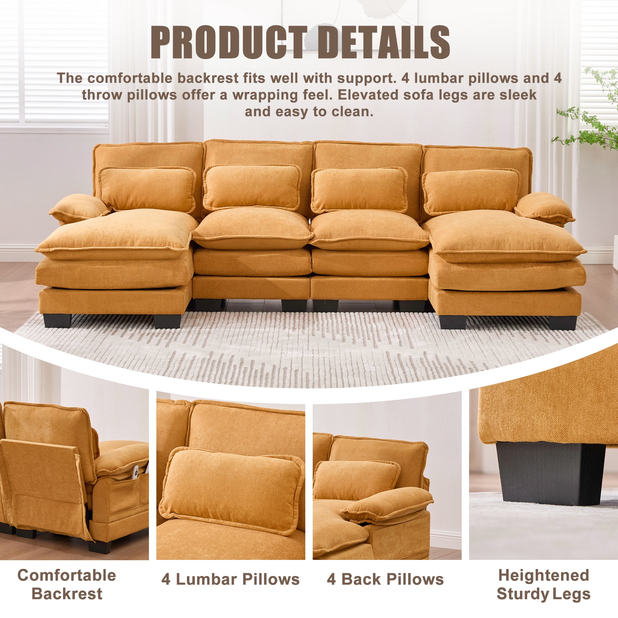 MOONMISS Chenille Upholstered U-Shaped Modular Wood Frame Sleeper Sectional Sofa with Double Chaise-Yellow