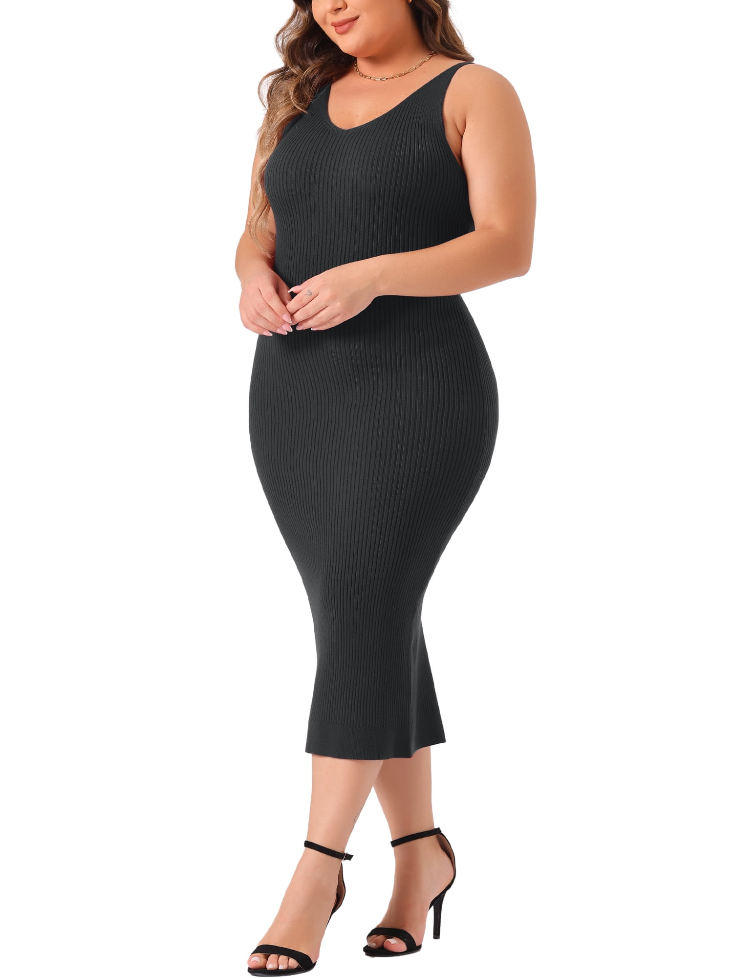 DARING DIVA Plus Size Sweater V Neck Ribbed Knit Bodycon Dress 1X Black