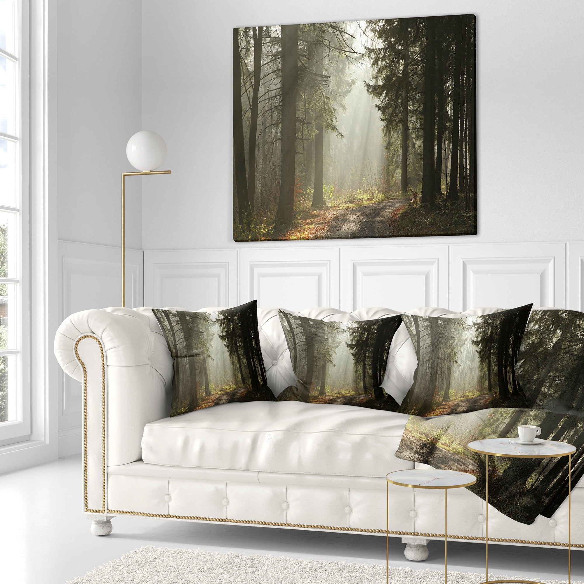 Designart Dark Green Forest with Sun Rays - Landscape Photography Throw Pillow - 18x18