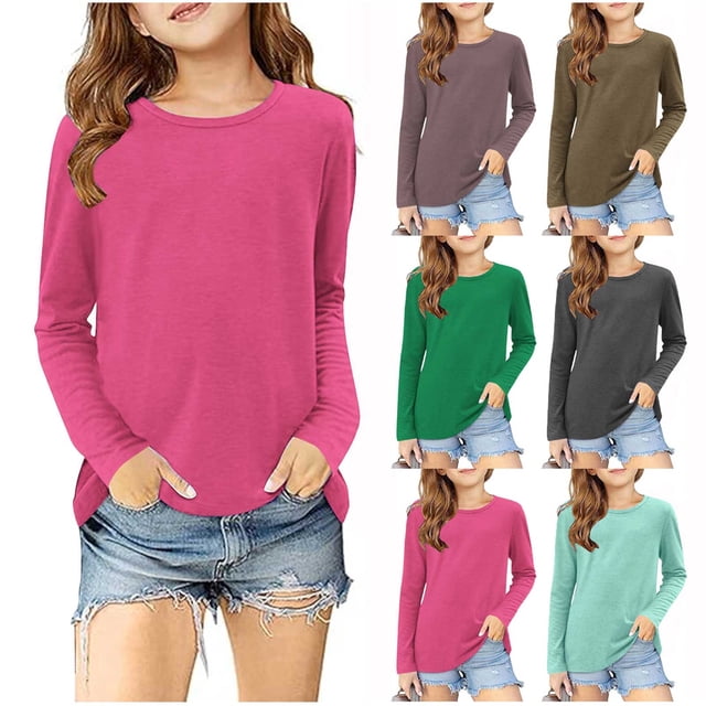 Tranfacy Chemises à Manches Longues pour Filles, Chemises d'Automne, Chemises à Manches Longues Unies pour Filles, Blouses Décontractées à Col Rond Mignon Hauts d'Automne