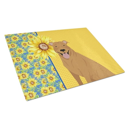 

Summer Sunflowers Red Pit Bull Terrier Glass Cutting Board Large 12 in x 15 in