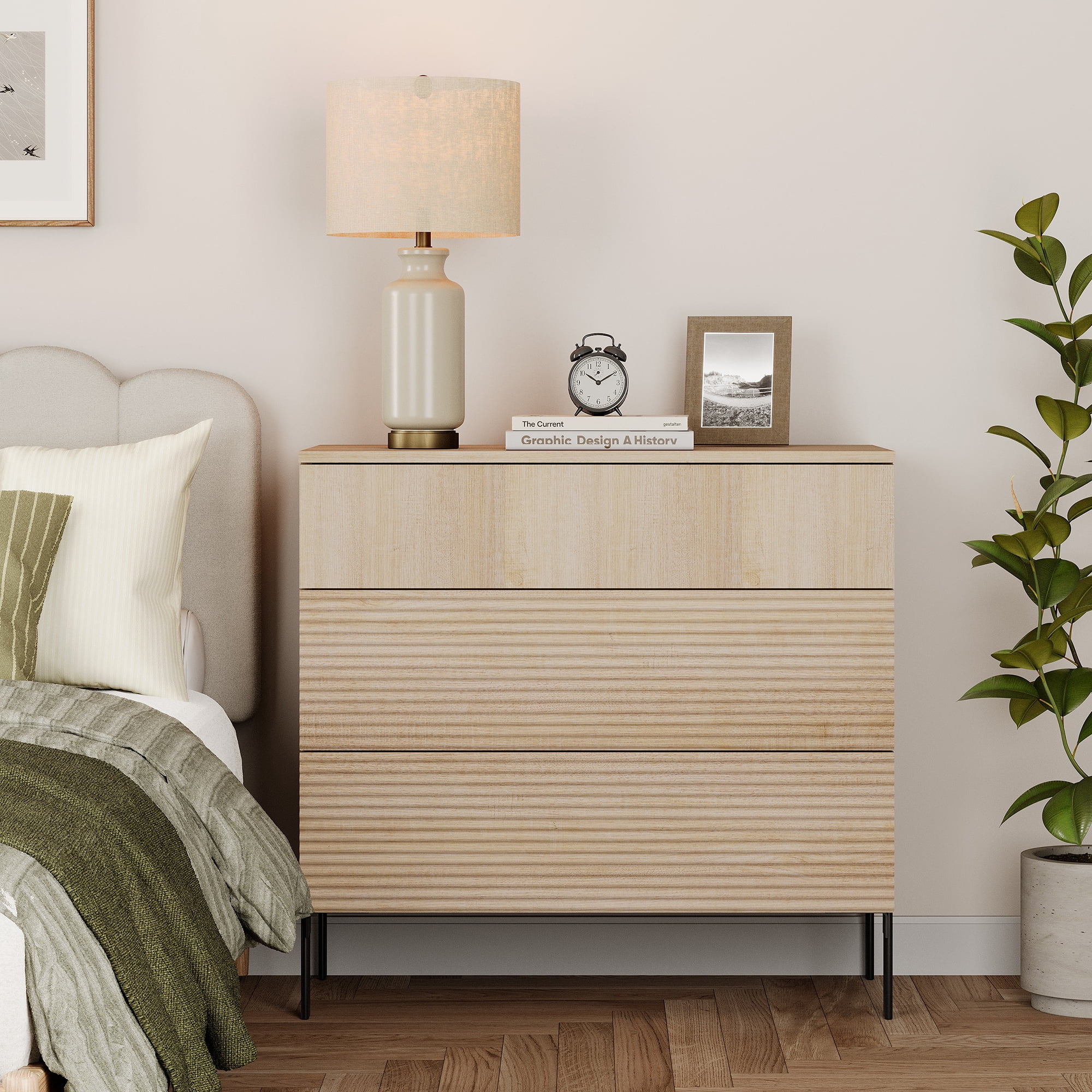 31.5" Wood Accent Chest with Drawers, Modern Credenza Storage Cabinet with Reeded Design for Living Room, Kitchen, Dining Room, Hallway