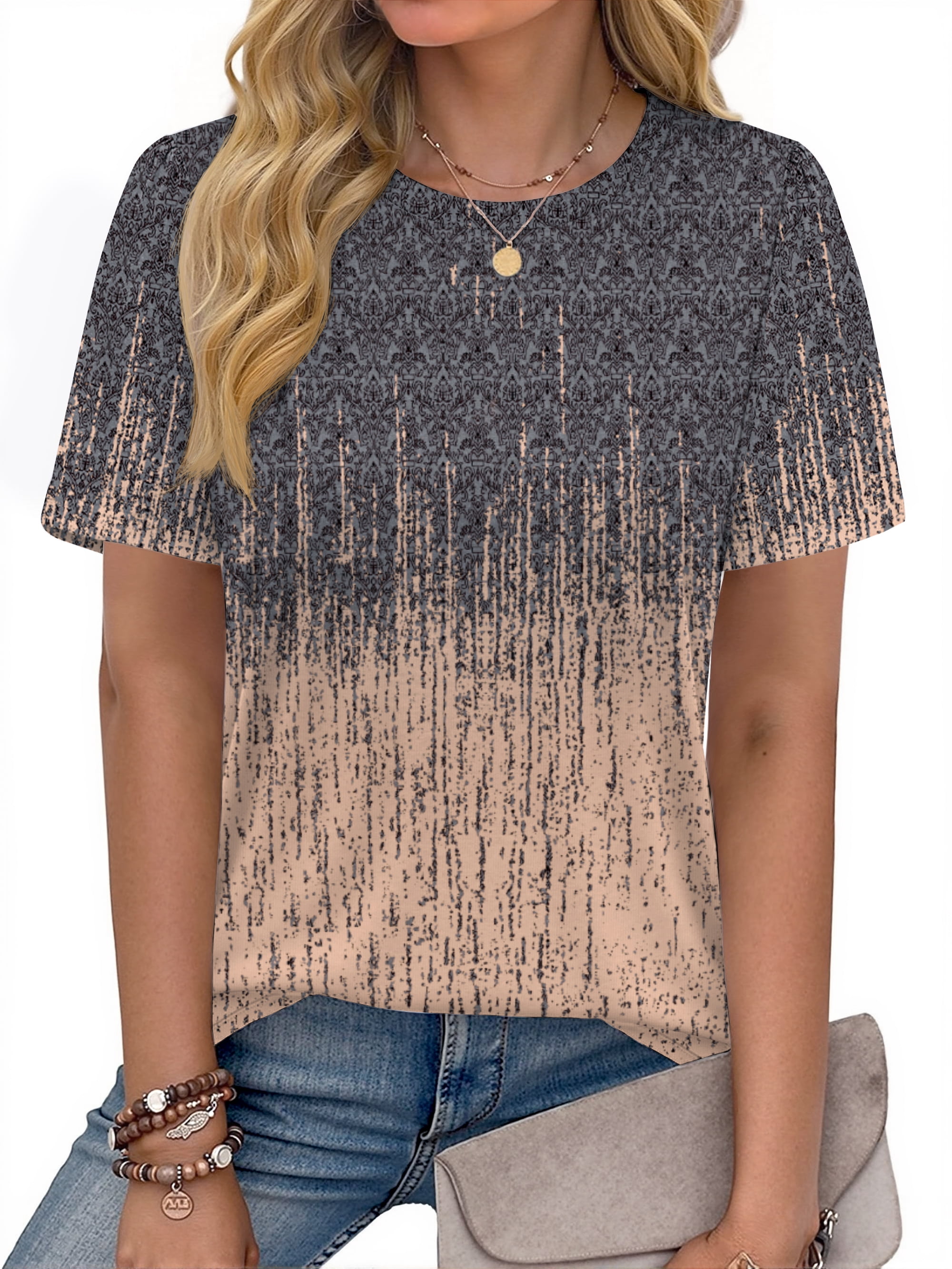 Fantaslook Womens Summer Tops Dressy Casual Short Sleeve Shirts Crew Neck Tunic Floral Blouses