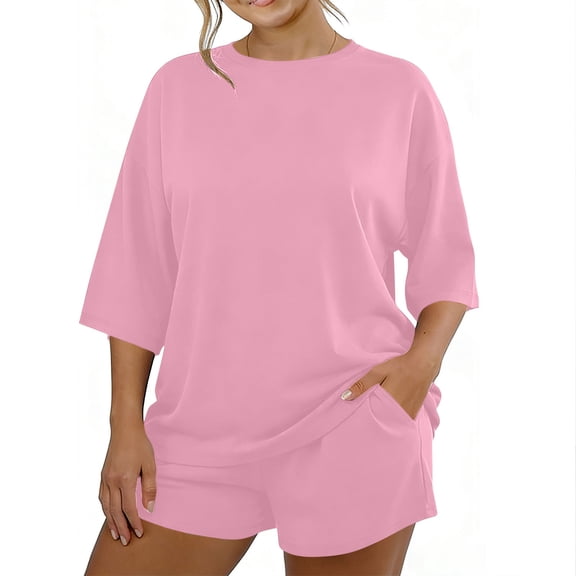 yillto Women's 2 Piece Lounge Sets Summer Matching Outfits Short Sleeve Top and Loungewear Shorts with Pockets