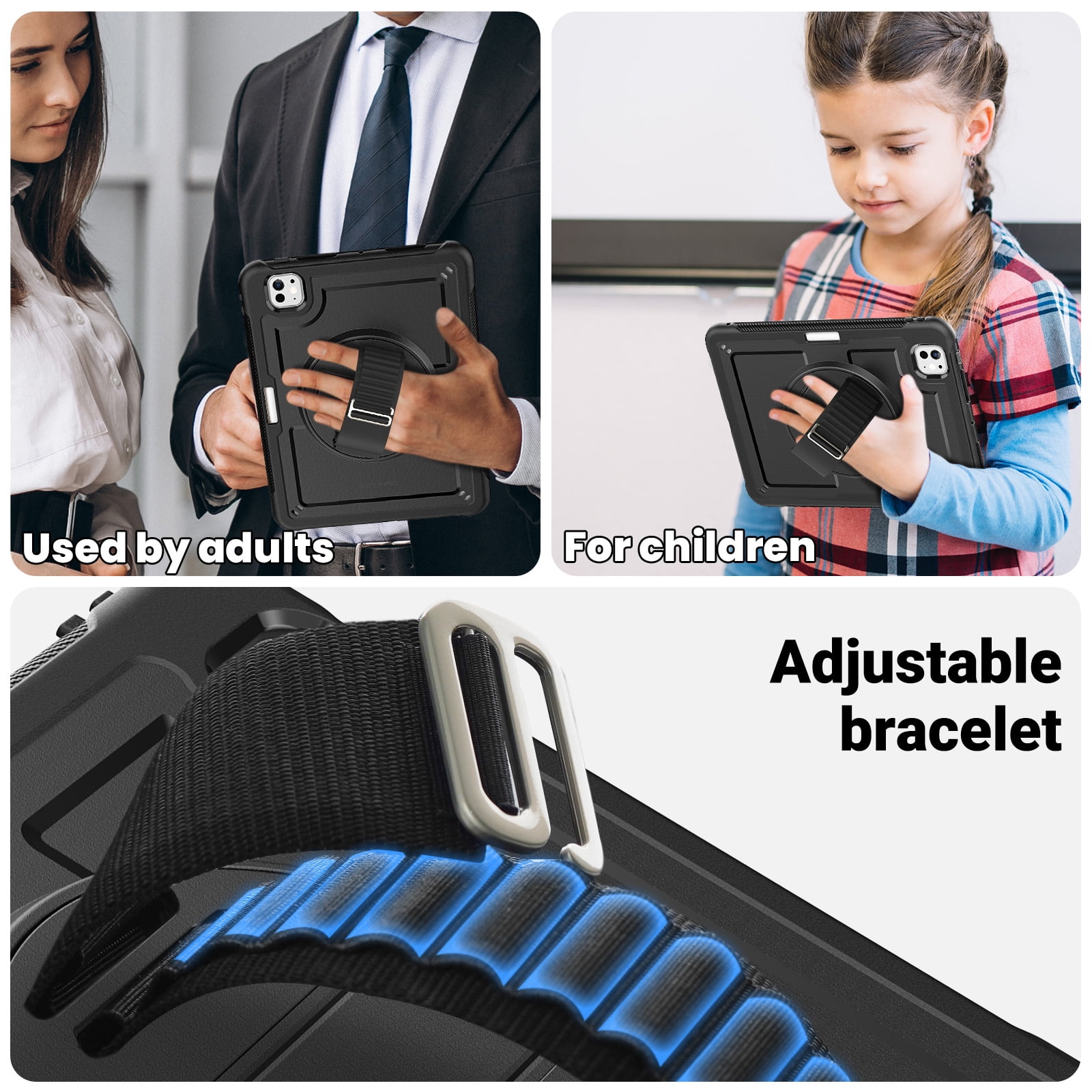 ELEHOLD Case for Apple iPad Pro 11 2024,Soft TPU Rugged Durable Case with 360° Rotating Hand Strap & Foldable Hidden Stand & Pencil Holder,Black