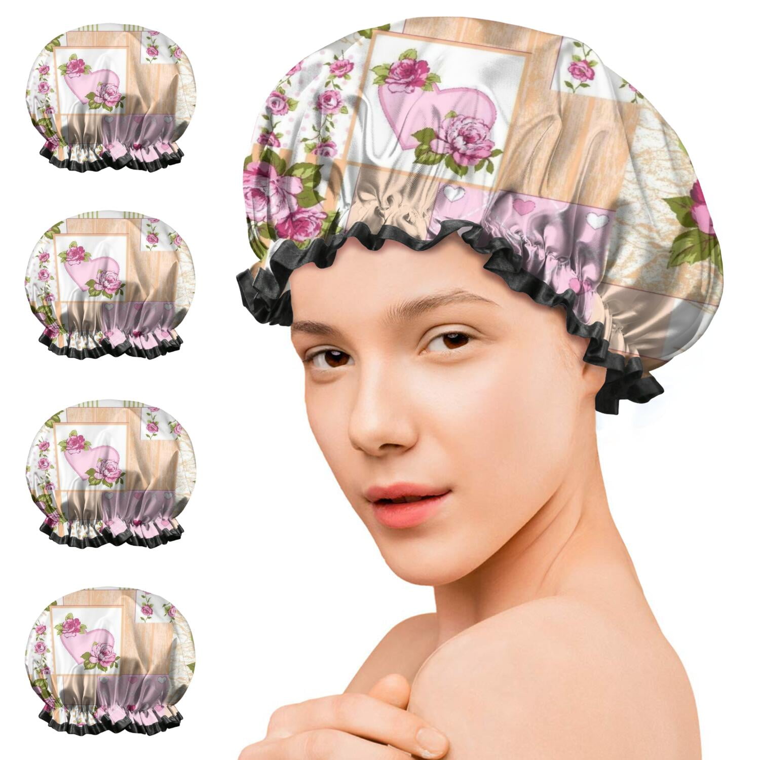 Shower Caps,Pioneer Flower Floral Print Pattern Waterproof Shower Cap for Women 4 Pieces,Double Reusable Hair Cover for Shower PEVA Elastic Stretch Hem