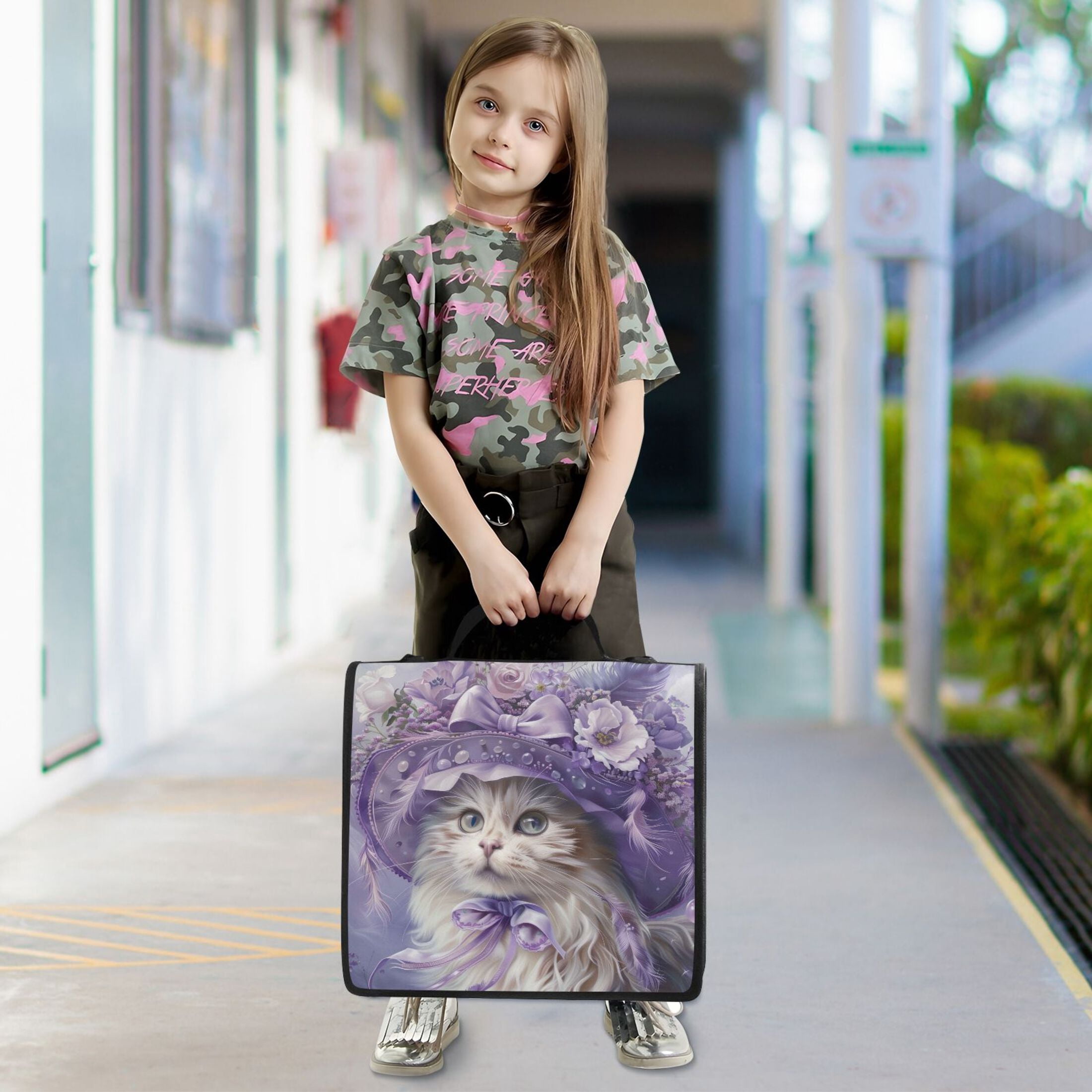 3 Ring Zipper Binder with Shoulder Strap Waterproof Trapper Keeper 2 Inch D-Ring 500 Sheets Capacity Elegant Cat with Lilac Flowers Hat