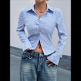 thumbnail image 4 of Camisa Corta A Rayas con Botones para Mujer, Blusa Ajustada de Larga, Camisa de Trabajo Azul S, 4 of 9