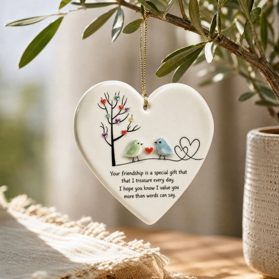 Friendship Heart Ornament, Sea Glass Bird Keepsake Hanging Decoration with Sentimental Friendship Quote, Meaningful Gift for Best Friend, Sister, Female Coworker, Birthday and Christmas