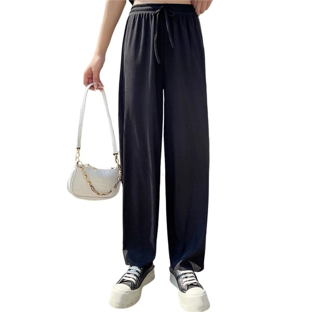 Pantalones Anchos de Punto Gofre para Mujer, con Cintura Elástica Alta y Cordón Ajustable. Negro M