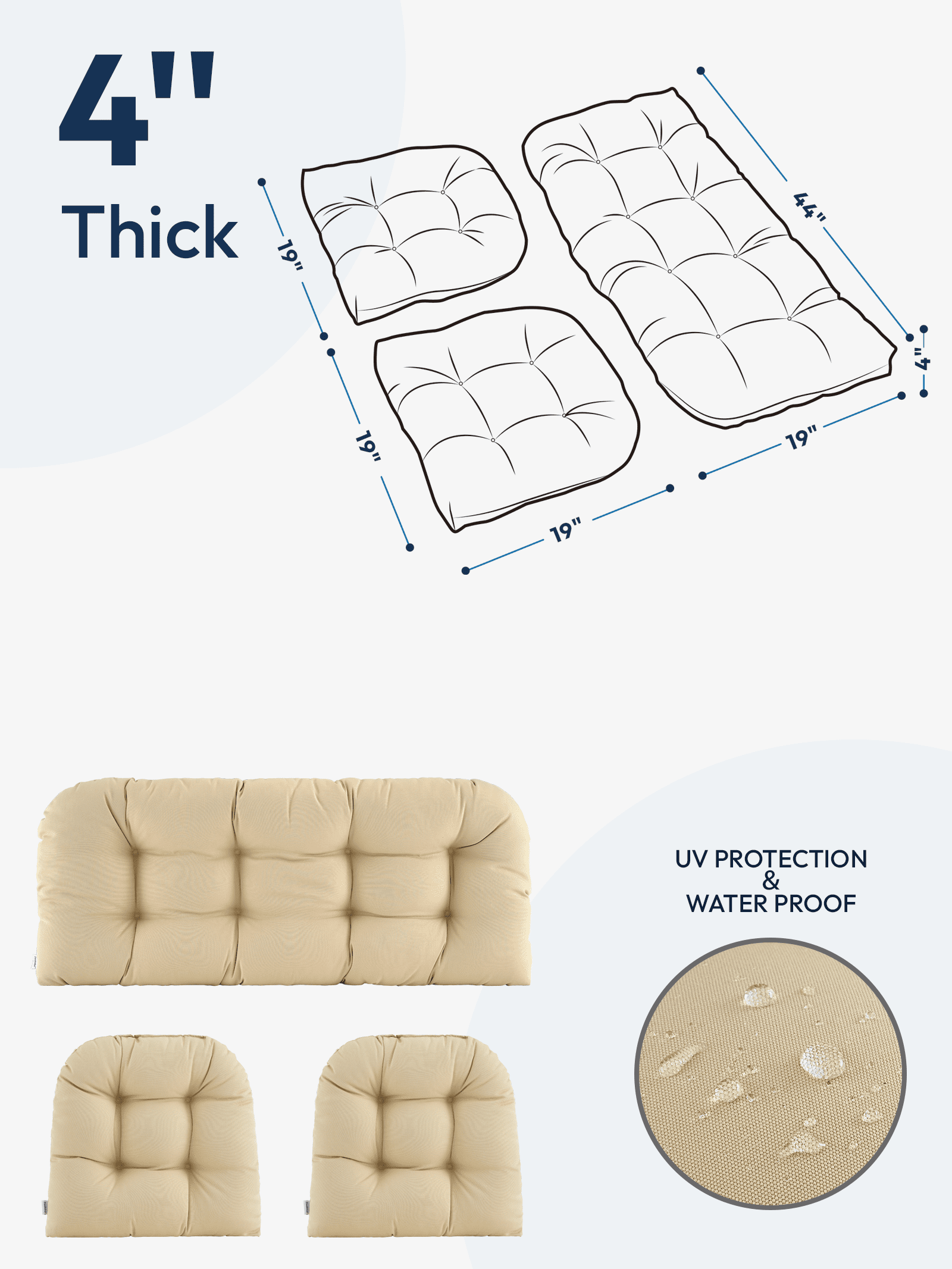 ZEOLABS Outdoor Wicker Chair Cushions of 3 Pieces Waterproof Tufted Seat Cushions set for Patio Furniture Sofa Bench Settee Couch, 1 Loveseat and 2 U-Shaped Cushions, Beige