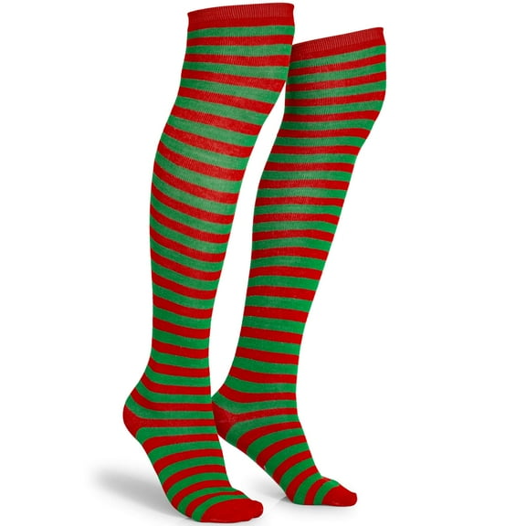 Skeleteen Red and Green Socks - Over The Knee Elf Striped Thigh High Costume Accessories Stockings for Men, Women and Kids