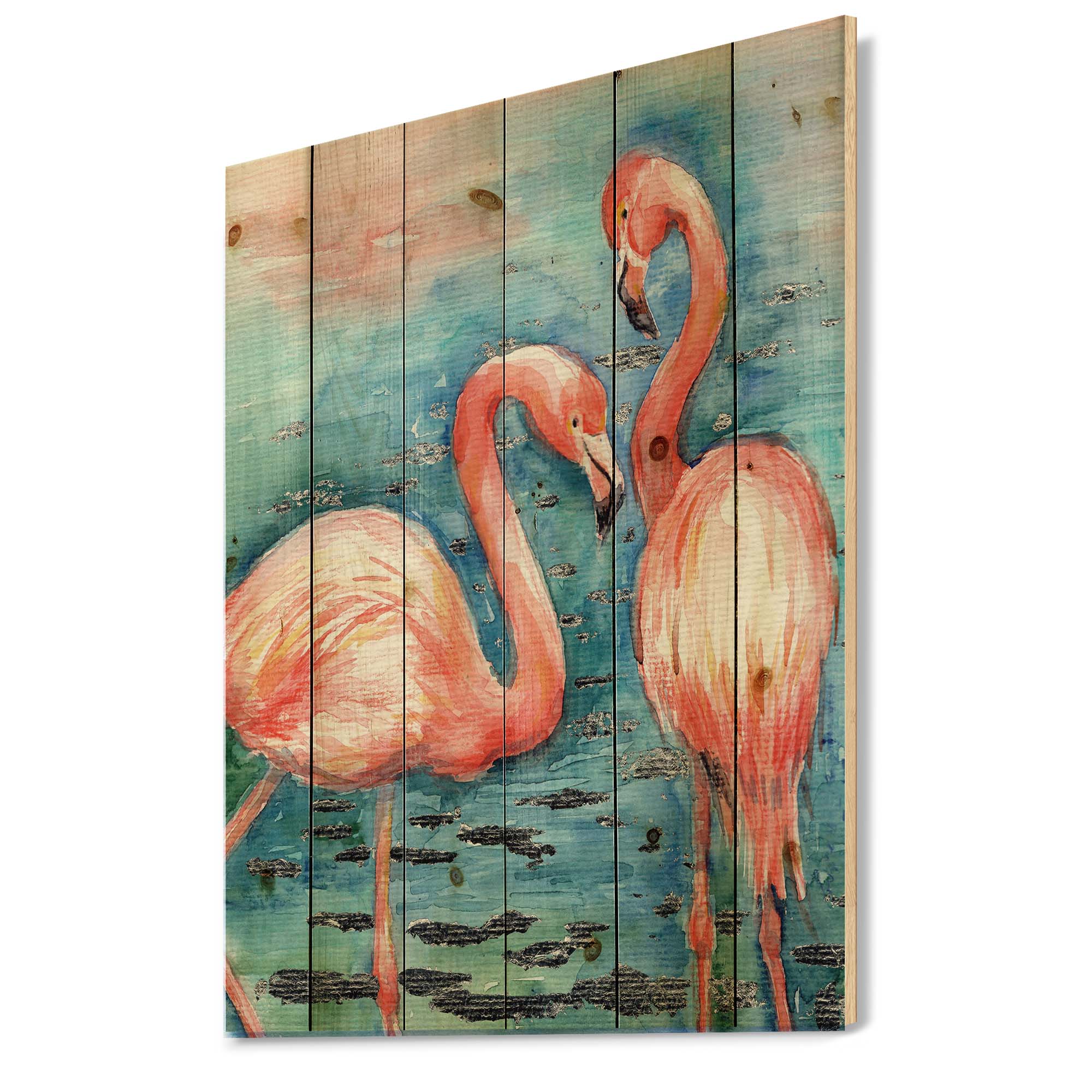 Designart 'Pink Flamingos Love Birds In Blue Water I' Farmhouse Print on Natural Pine Wood