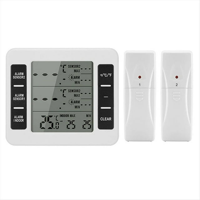 1Set Wireless Freezer Thermometer 2 Remote Sensors Alarm Low Temperature Refrigerator Thermometer Clock,1 x Freezer Thermometer 2 x Remote Sensor,White