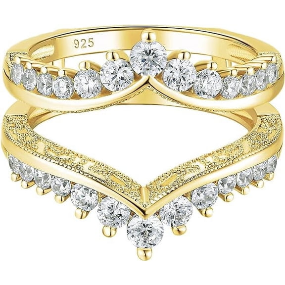 beryl_creation 925 Sterling Silver 1.20Ct Round White Diamond Ladies Anniversary Wedding Band Enhancer Double Guard Ring 14K Yellow Gold Finish