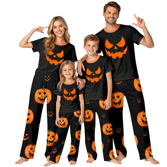 Onlypjs Family Halloween Pajamas Matching Sets Pumpkin Face Print Short Sleeve Sleepwear Loungewear for Couples Adults Women Men