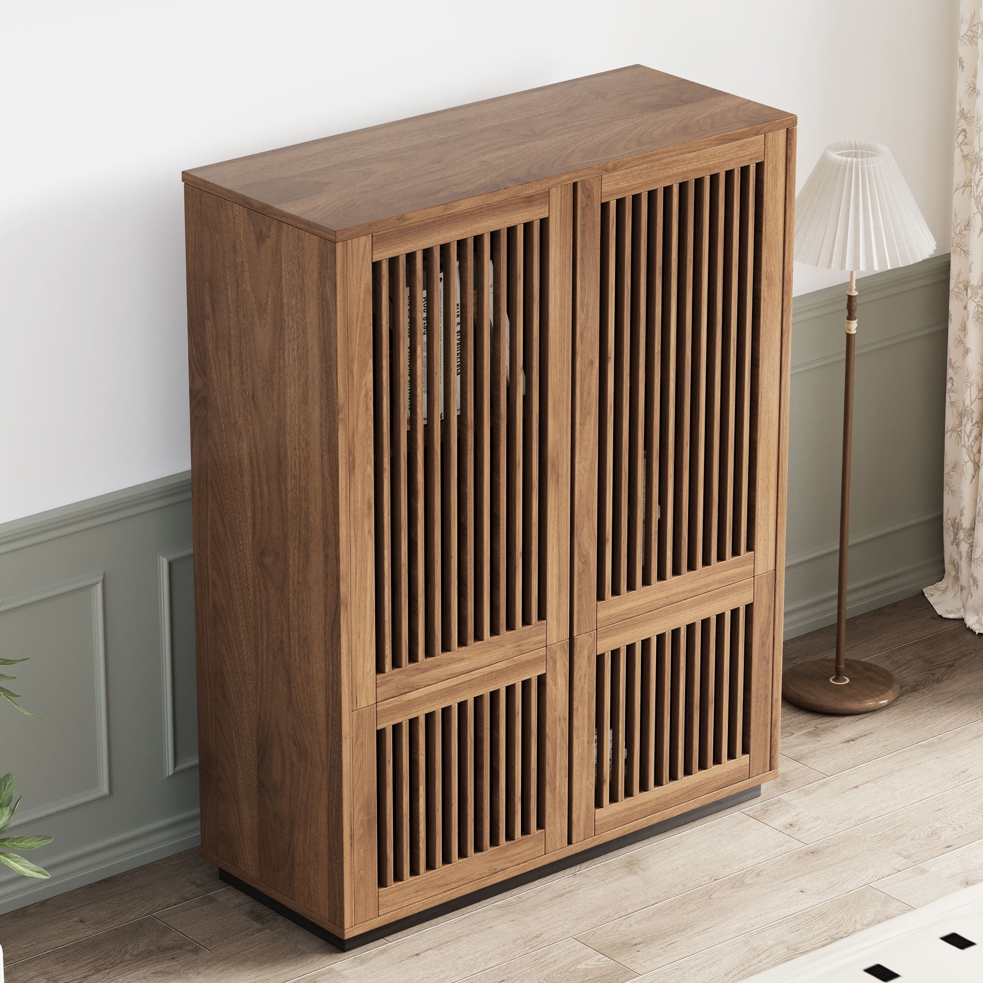 NessCarsti Modern Storage Cabinet, 4 Doors, Shelves, Walnut Brown, 34.84"