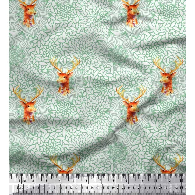 Soimoi Rayon Fabric Artistic Flower & Reindeer Face Animal Printed Fabric 1 Yard 42 Inch Wide