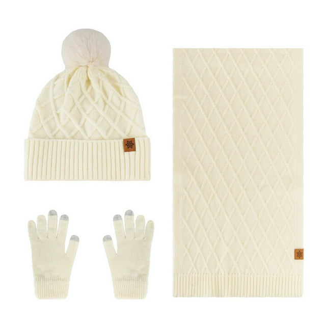 Women Winter Hat Scarf Gloves Set, Wool Knitted Beanie Scarf Mittens Trio, Warm Windproof Ear Protection for Cold Weather