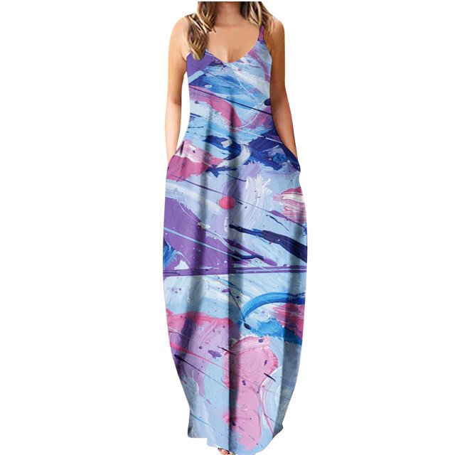 Lenago Robes d'Invité de Mariage Grande Taille pour Femmes Été Imprimé Sans Manches Col Rond Aguichant Robe d'Été Décontractée Fluide Robe de Plage en Liquidation