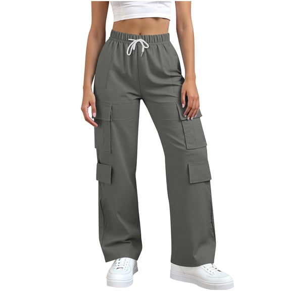 ZQUUVOU Women's Straight Leg Cargo Pants Stretchy Elastic Waist with Pockets Casual Comfortable Trousers Work Pants Dark Gray