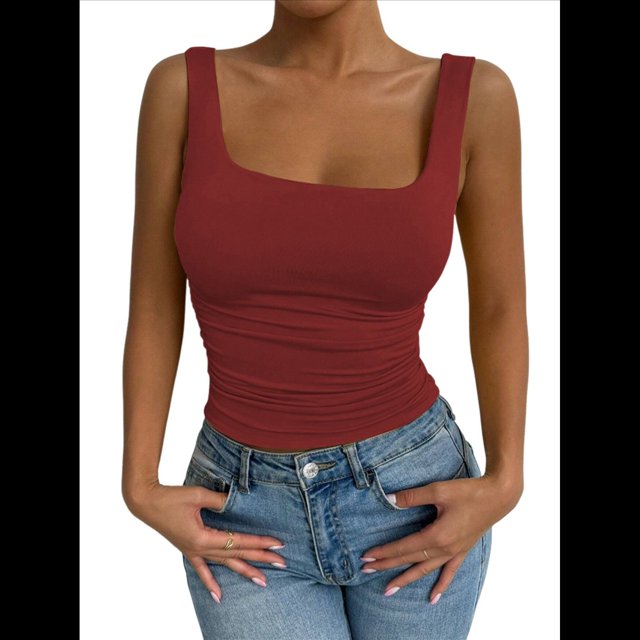Camiseta Básica de Verano Sin Mangas con Cuello Cuadrado y Fruncido para Mujer. Vino Tinto S