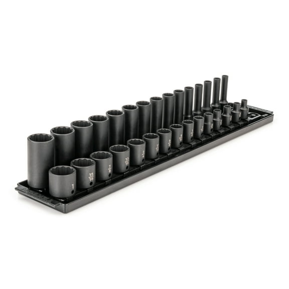 TEKTON 3/8 Inch Drive 12-Point Impact Socket Set with Rails, 30-Piece (1/4-1 in.) | SID91214