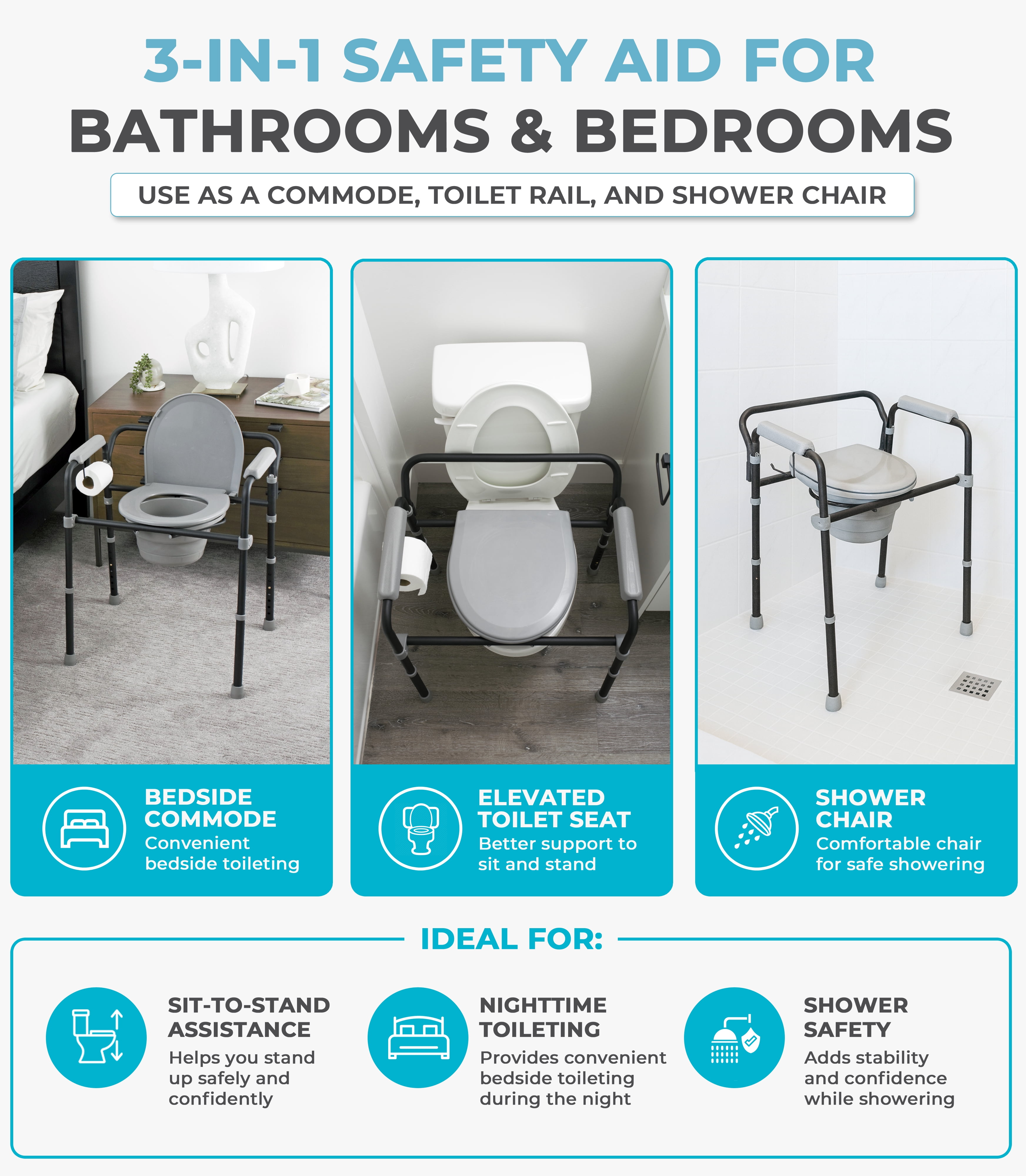 Able Life Bedside Commode, Extra Wide 3-in-1 Toilet Safety Rail, Shower Chair, Portable Toilet for Seniors and Elderly Adults, Commode Chair, Black