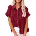 thumbnail image 2 of Knosfe Button Down Shirts Women 2024 Dressy Casual Blouses Short Sleeve Linen Collared T Shirts Loose Plain Tees Tshirt Wine 5XL, 2 of 5