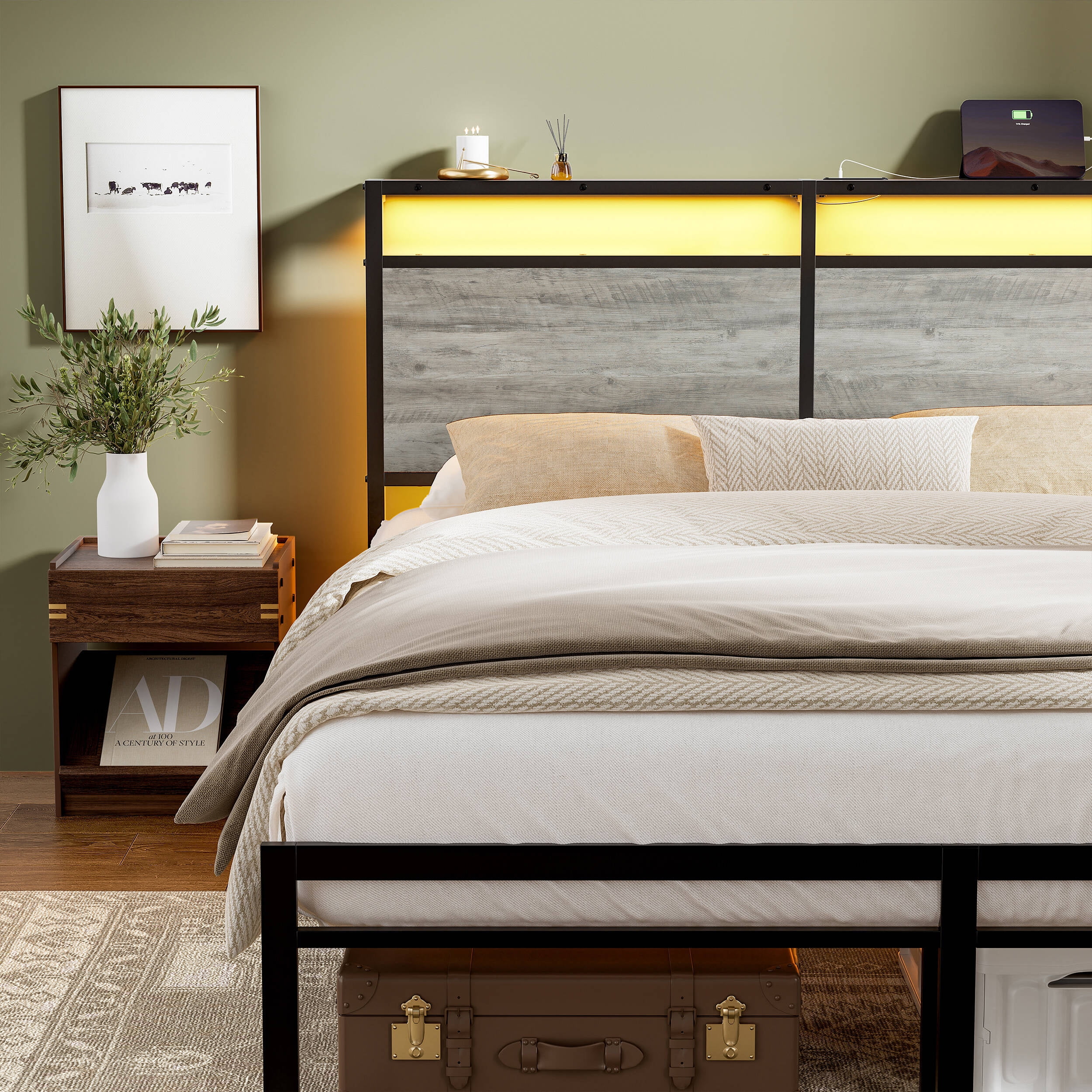 GUNAITO Queen Bed Frame with Headboard Metal Platform Bed with LED Lights and Charging Statio, Grey
