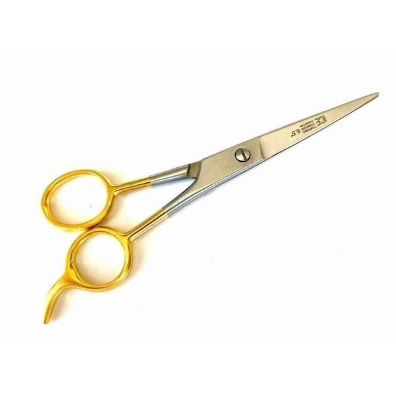 MT Hair Cutting Stainless Steel Pointed Barber Scissors, 6.5", Silver with Gold Colored Handle