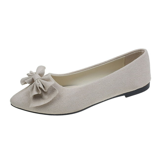 FRSASU Woman's Spring Bow Flats Shoes Butterfly-Knot Ballets office Shoes Pointed Toe Shallow Slip On Ballet Beige