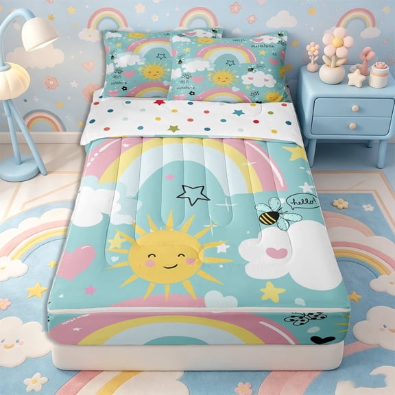 Erosebridal Cartoon Rainbow Zipper Twin Comforter Sets with Fitted Sheet and 2 Pillowcases,Kawaii Love Heart Zipper Bedding Set,Mint Green Pink Yellow,Reversible
