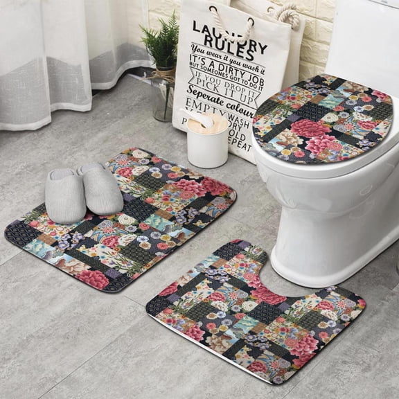 Pioneer Flower Floral Print Pattern Bathroom Rugs Sets 3 Piece,Toilet Cover Set,Absorbent Non Slip Bathroom Mats Sets with U-Shaped Contour Rug Toilet Rug Set