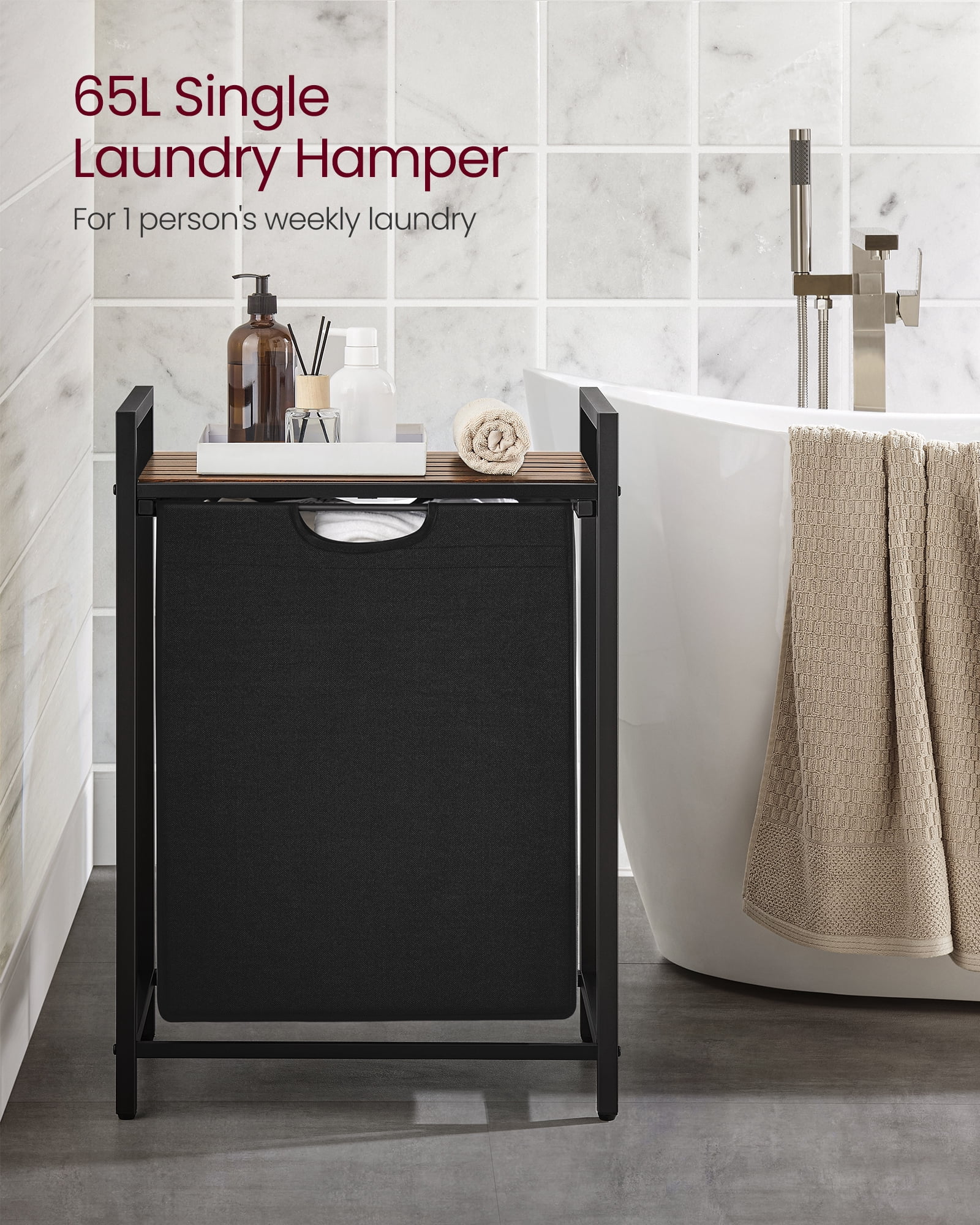 Laundry Hamper, Laundry Basket, 17.2 gal Laundry Sorter with A Pull-Out and Removable Bag, Shelf, Metal Frame, 19.7 x 13 x 28.4 in Black and Rustic Brown