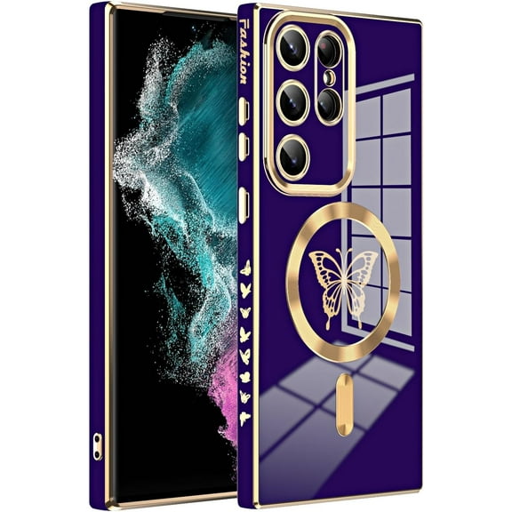 for Samsung Galaxy S21Plus 5G Phone Case Luxury Plating Cute Butterfly Small Pattern Case Full Camera Protection Soft Silicone Shockproof Bumper Cover (Purple)