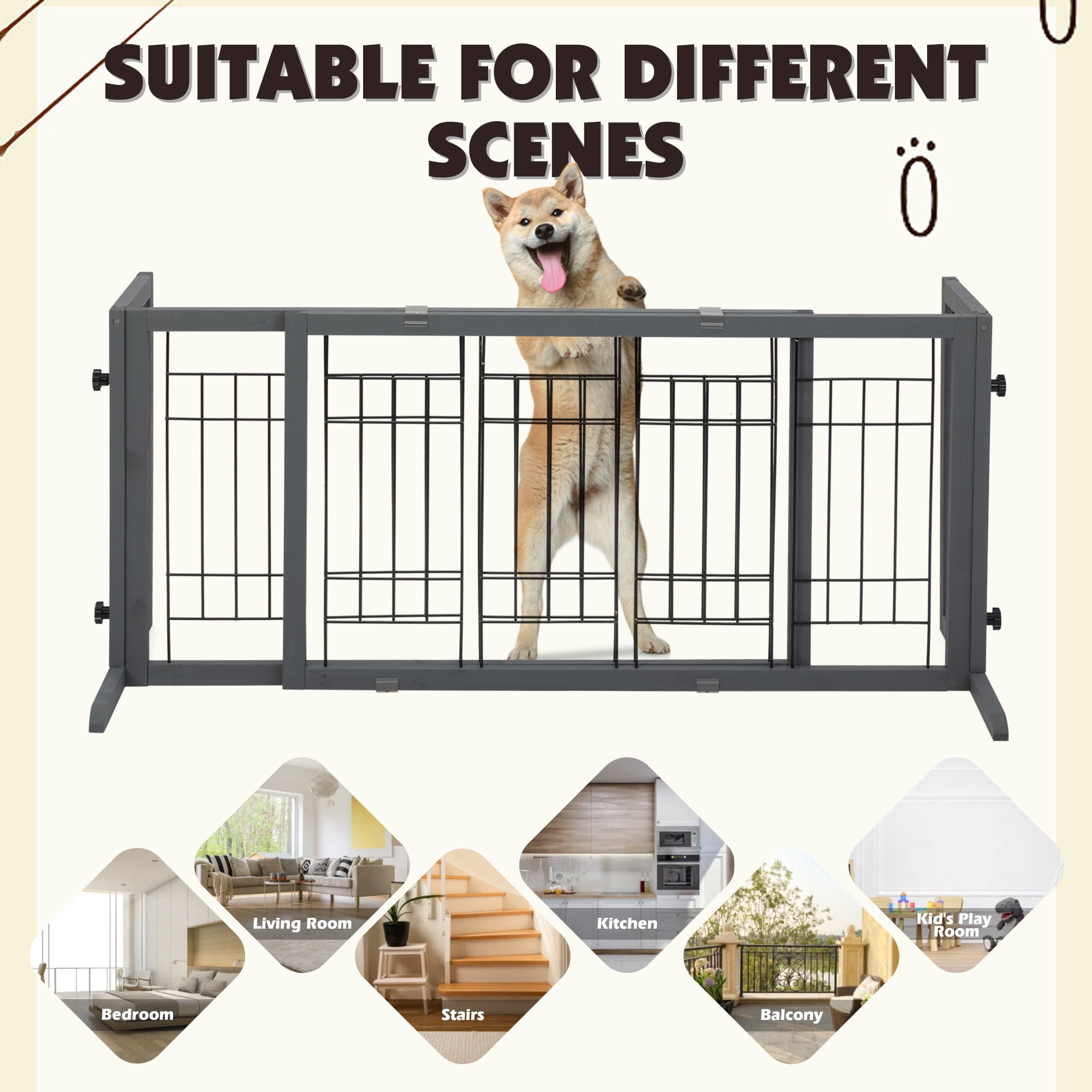 Coziwow Freestanding Wood Pet Gate, 38"-71" Sturdy Solid Wood Dog Gate for The House, Doorway, Stairs, Pet Puppy Safety Fence, Grey