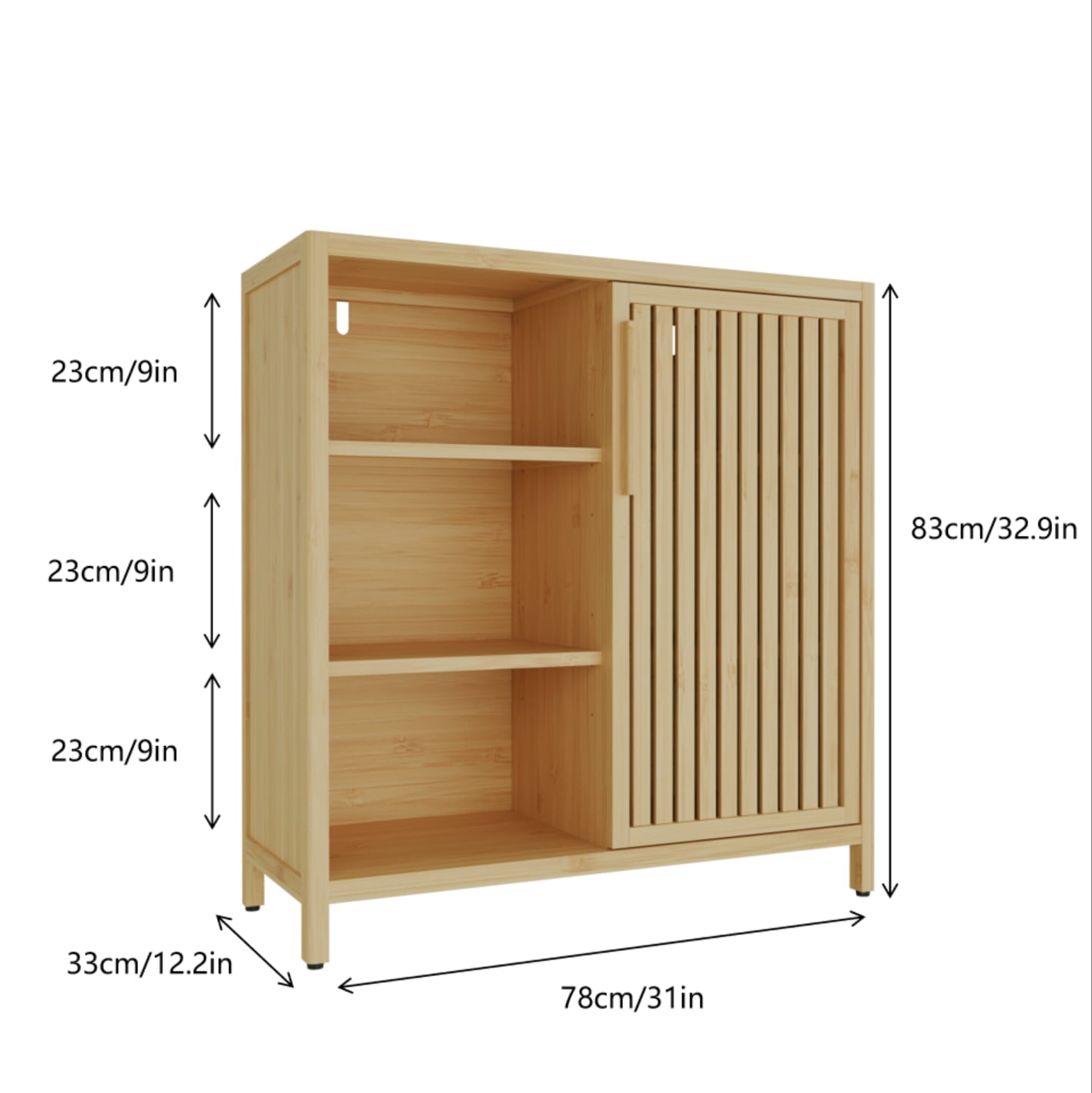 Yoneston Bamboo Shelf Storage Cabinet with Single Door, Home Office 3-Tier Open Shelves for Entryway, Bathroom, Living Room Natural