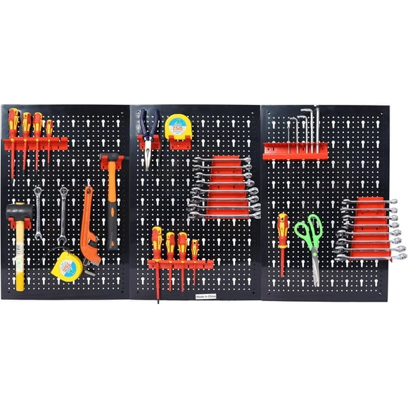 Pegboard Wall Organizer, 4ft Metal Garage Pegboard Tool Organizer w/3 Pegboards, Drill Bit Rack, Wrench Rack, Hooks Accessories, Wall-Mounted Tool Storage Pegboard for Workshop Warehouse, Black + Red